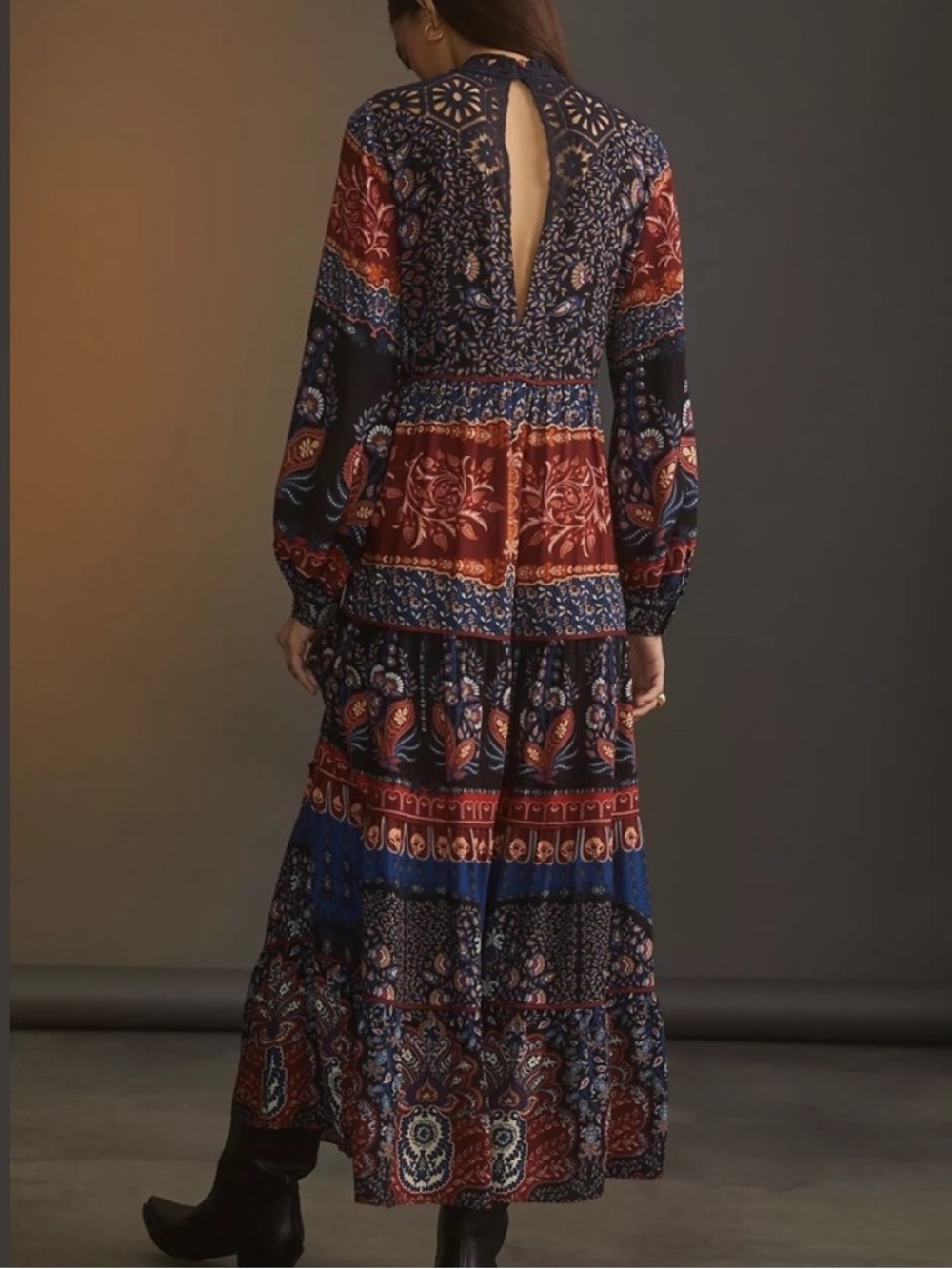 Lace-Yoke Boho Patchwork Tunic Dress in Black & Rust size Large - Picture 7 of 8